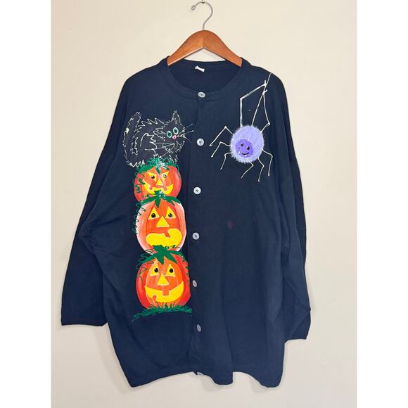 Hand Painted Halloween Sweater Women Plus Oversize Black Cardigan 2X 3X 4X 5X 6X - Picture 1 of 7